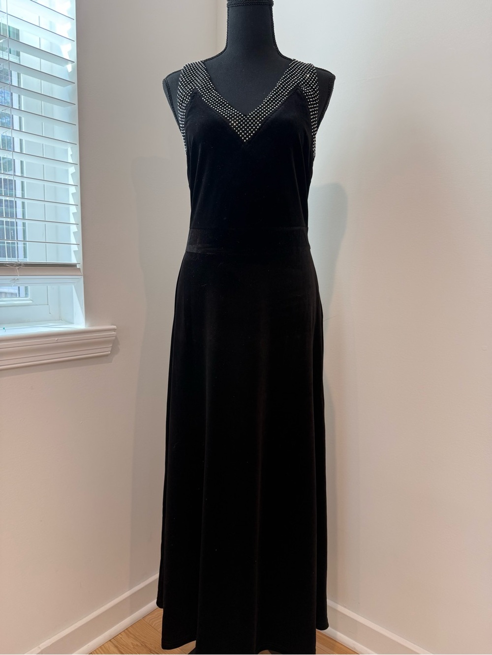 BABEYOND Black Velvet Rhinestone Maxi Dress Great Gatsby Art Deco Evening Gown